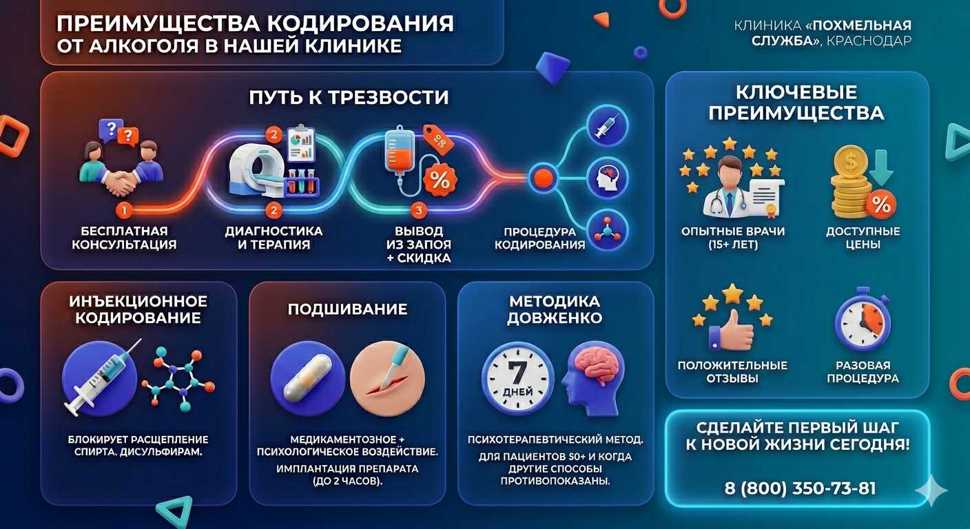 Инфографика о методах кодирования от алкоголя в Раздольном: инъекции, подшивание, метод Довженко. Преимущества клиники и этапы лечения.